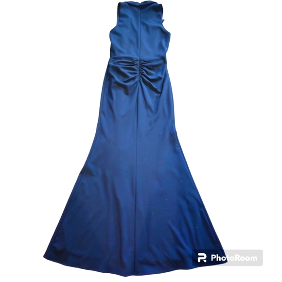 BETSY & ADAM Ruffled Tuxedo Navy Maxi Dress Sleevless Side Slit NWT sz 8 - Picture 6 of 14